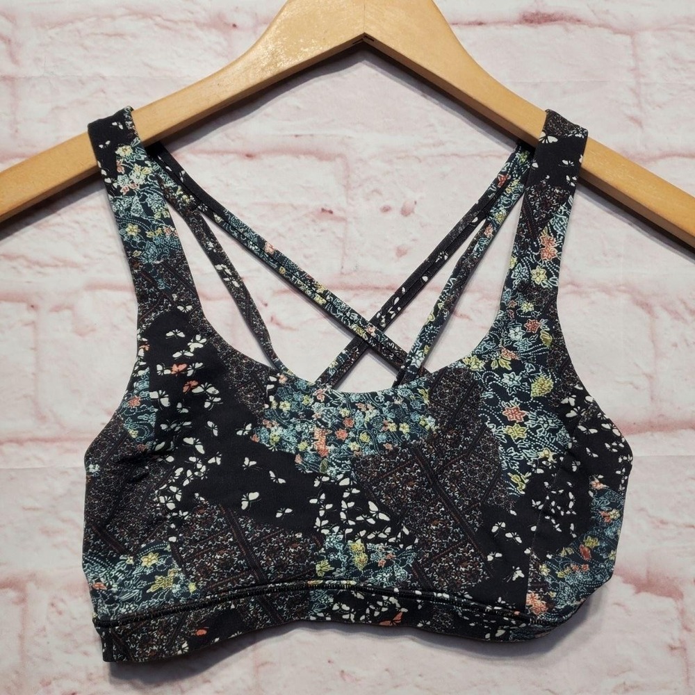 Lululemon Energy Bra Women 4 Black Floral Strappy Yoga Sports Bra Gym Athleisure